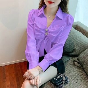 女春秋季 韩版 雪纺蝴蝶结衬衫 2025新款 上衣 设计感小众别致小衫 长袖