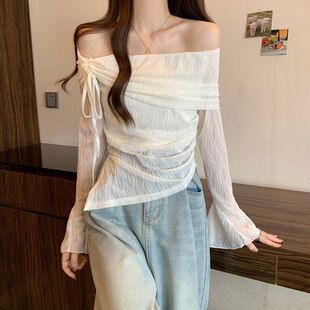 法式一字肩露锁骨T恤女夏季新款不规则轻熟风抽绳打结小衫上衣ins