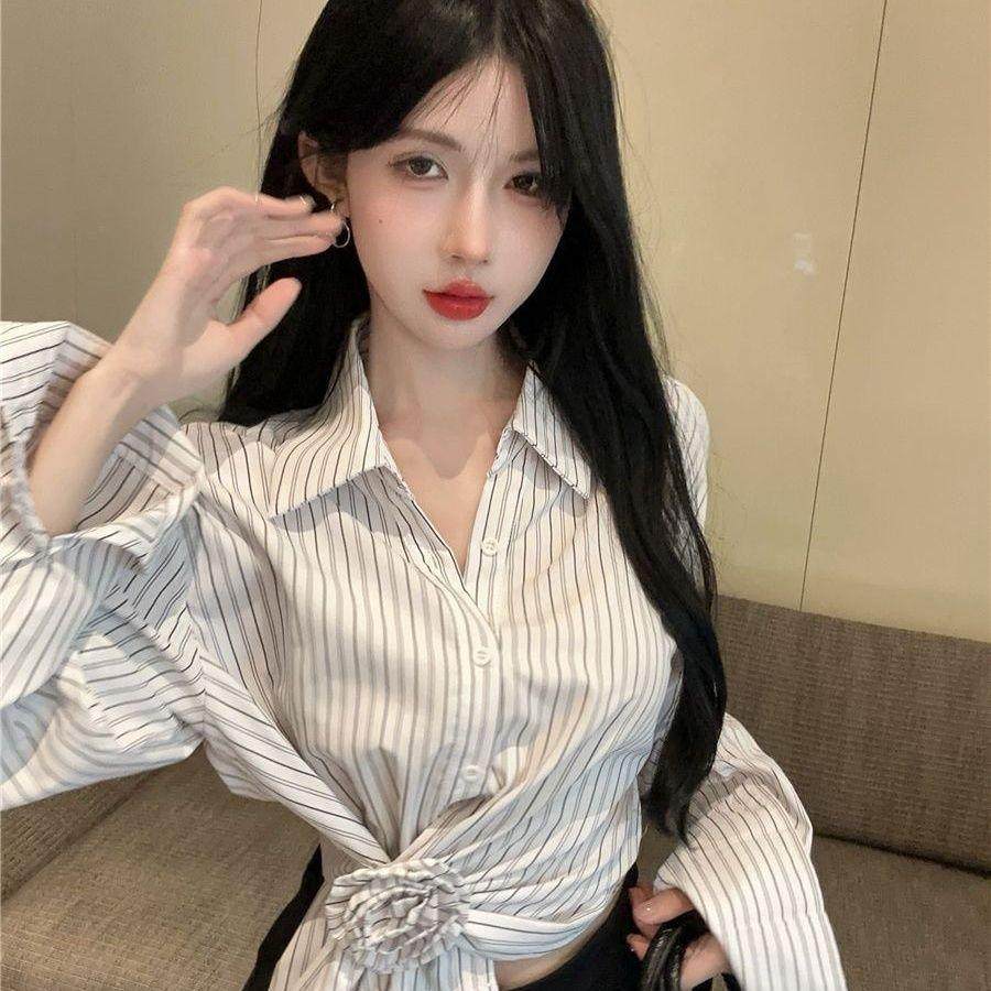美式不规则polo领条纹长袖秋季甜辣妹2025新款独特别致设计感衬衣