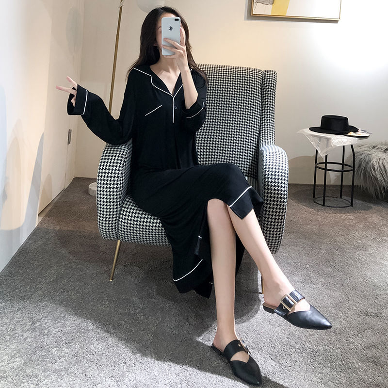 睡衣女春秋新款长袖过膝中长款显瘦衬衫睡裙秋冬季大码胖MM家居服