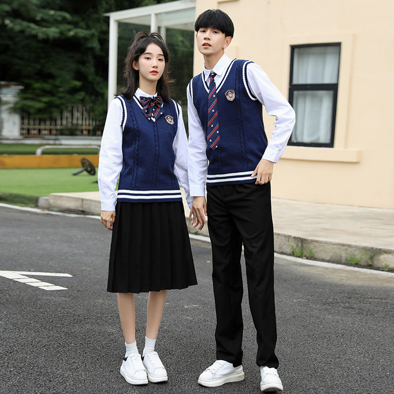 中学生校园班服学生装英伦学院风藏青毛衣背心校服套装高中生秋季_虎窝淘