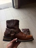 Short square-toed boots, men's buckle buckle decorated chunky-heeled ankle boots, sleeve engineer boots, brown retro motorcycle boots, high-top boots thumbnail 4