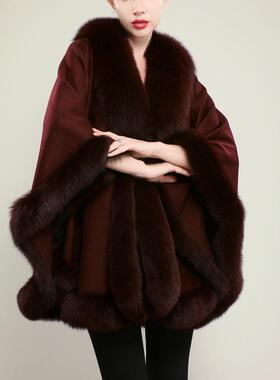 新款狐狸毛皮草秋冬外套女羊毛羊绒斗篷宽松宴会气场百搭奢华披肩