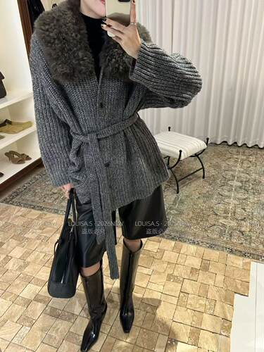 ONE BY TOW2026冬季新款时尚慵懒风羊毛领系带收腰针织开衫外套女