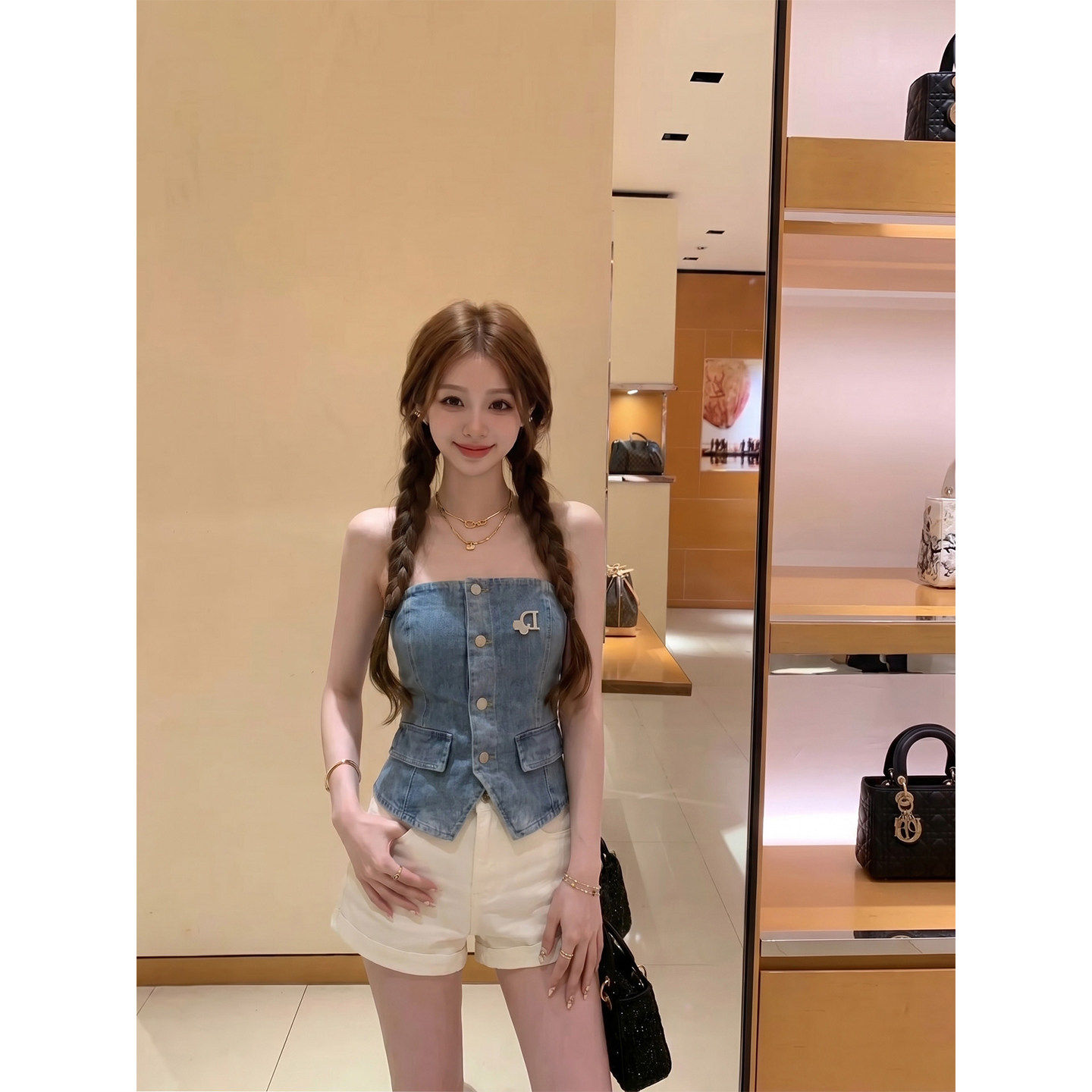 专柜小P衣站美式复古牛仔抹胸背心女夏外穿辣妹修身显瘦无袖马甲