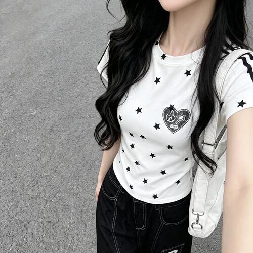 专柜美式复古辣妹风满印星星短袖T恤女夏修身显瘦短款上衣