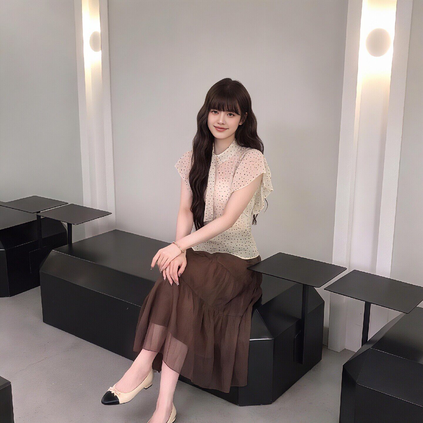 专柜法式甜美波点短袖衬衫上衣棕色网纱中裙巨好看的半身裙高腰a