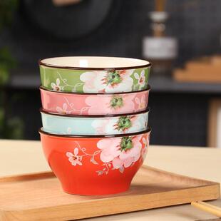 吃饭的碗家用4.5英寸一人一碗不同颜色 日式小花碗陶瓷家庭碗套装