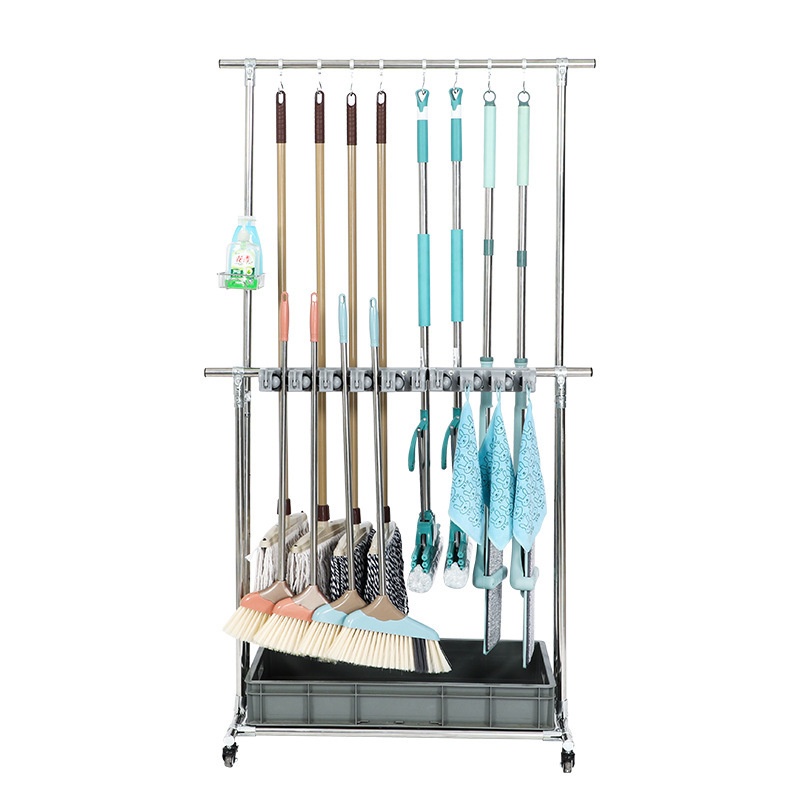 不锈钢移动拖把架落地式扫把架挂钩卫生间免打孔收纳整理置物架子