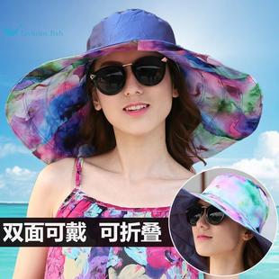 帽子女潮防夏天大沿沙滩帽防晒紫外线可折叠大檐帽海边太阳遮阳帽