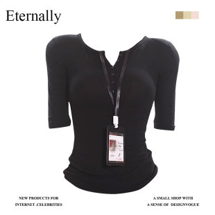 显瘦简约上衣 Eternally 小众半开领半袖 正肩五分中袖 T恤女修身