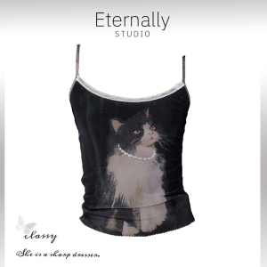 Eternally move原创可爱猫咪印花黑色无袖蕾丝网纱吊带背心上衣
