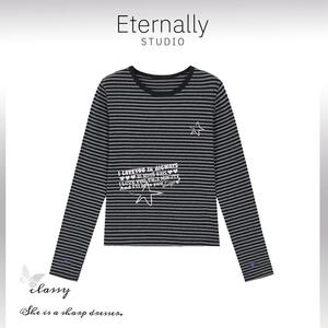 Eternally move 秋季撞色条纹印花y2k打底tee内搭上衣女T恤长袖