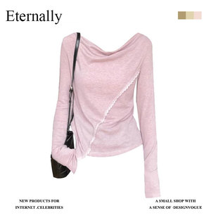 T恤修身 温柔甜美风荡领花边长袖 显瘦粉打底上衣 现货 Eternally