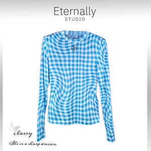 Eternally move 蓝色格子网纱皮肤衣防晒衣T恤上衣女
