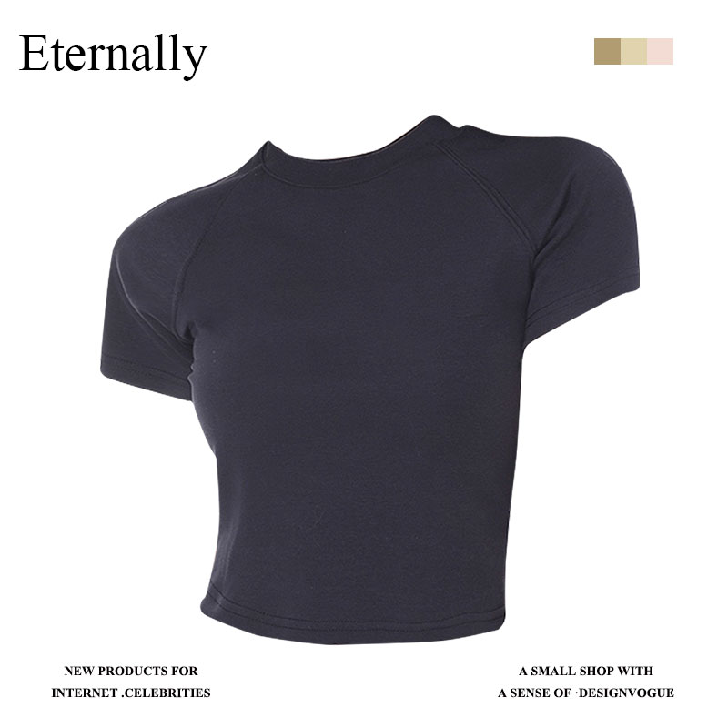 Eternally美式黑色正肩短袖t恤女春夏修身显瘦短款辣妹小飞袖上衣