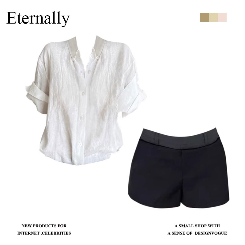 Eternally 韩系极简风时尚套装女夏季小众短袖衬衫休闲短裤两件套