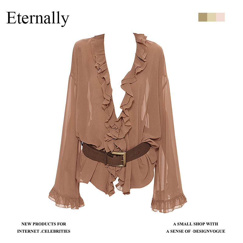 Eternally【现货】荷叶边长袖薄款雪纺开衫女早秋网纱宽松V领上衣