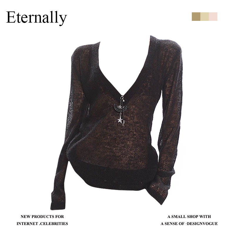 Eternally 微透慵懒休闲V领薄透显瘦辣妹性感修身长袖罩衫上衣