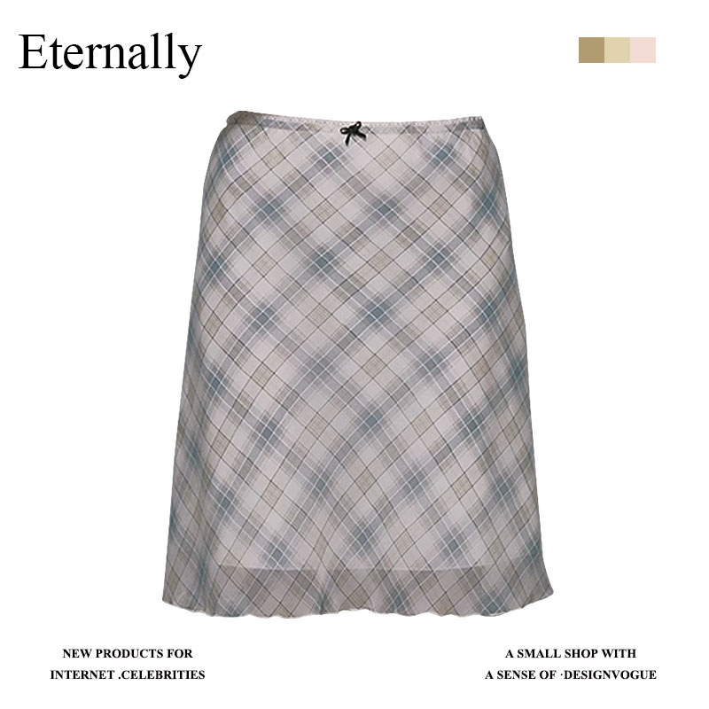 Eternally  法式复古半身裙女夏miu系A字雪纺格子裙子