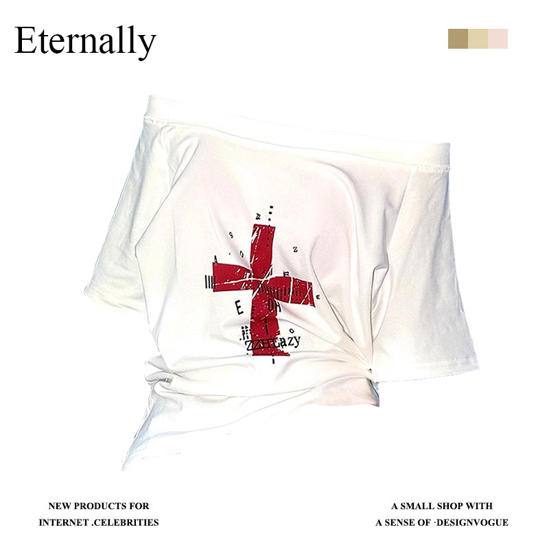 Eternally【现货】辣妹十字架印花斜领t恤女夏季宽松独特绝美斜肩