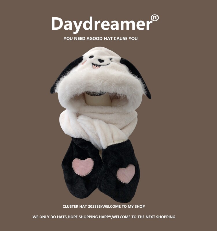 귀가 움직이는 귀여운 강아지 플러시 모자 스카프와 장갑 일체형 여성용 겨울 따뜻한 귀 보호 장치 방한 레이펑 모자