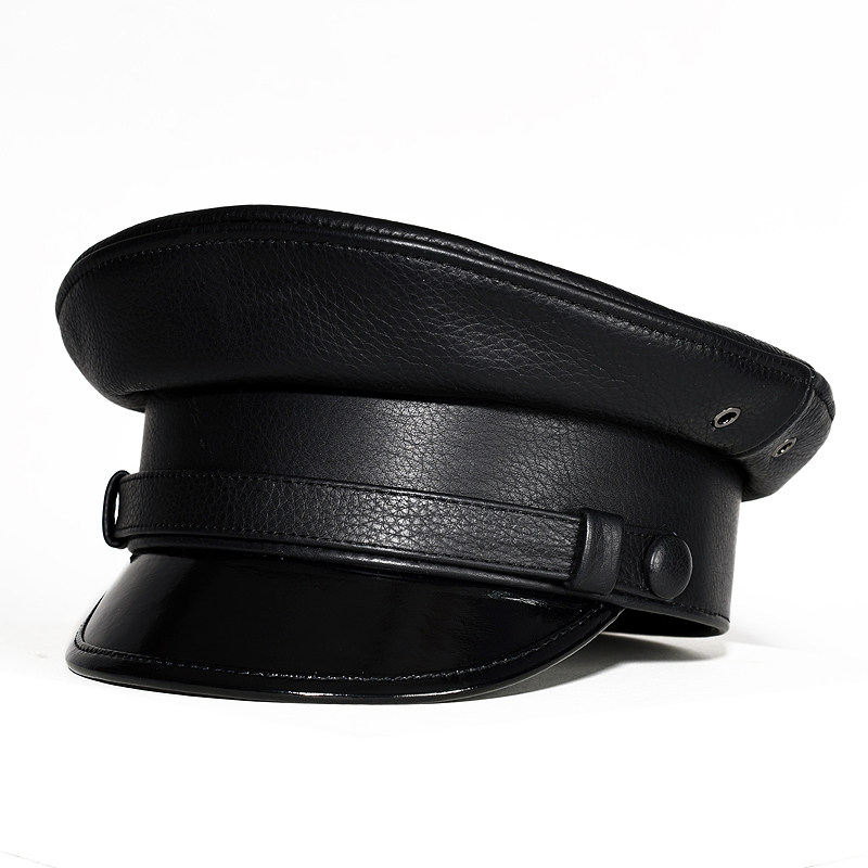 德国哈雷机车帽子男士真皮德式短檐大盖帽复古英伦牛皮水手船长帽