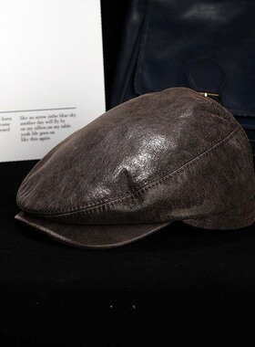 新款手工缝制磨砂牛皮贝雷帽秋冬羊皮鸭舌帽复古真皮前进帽男士
