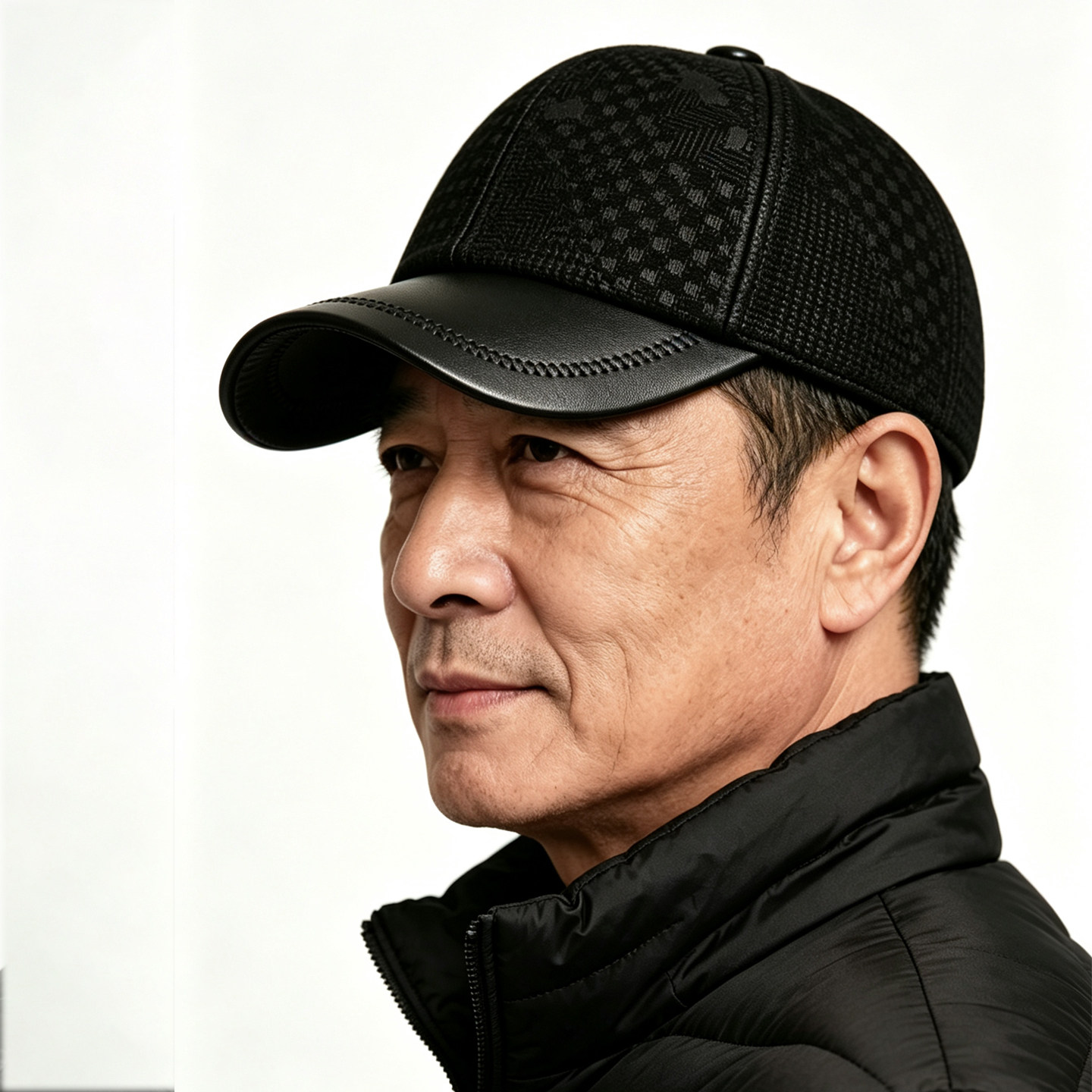 羊皮棒球帽男中老年秋冬户外印花保暖鸭舌帽真皮休闲黑色千鸟格纹