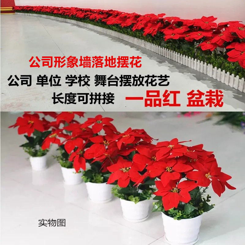 公司形象墙舞台摆放花卉图片