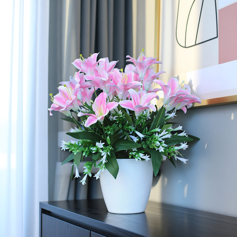 百合花仿真花套装餐桌客厅装饰塑料花假花摆设绢花束摆件花瓶插花