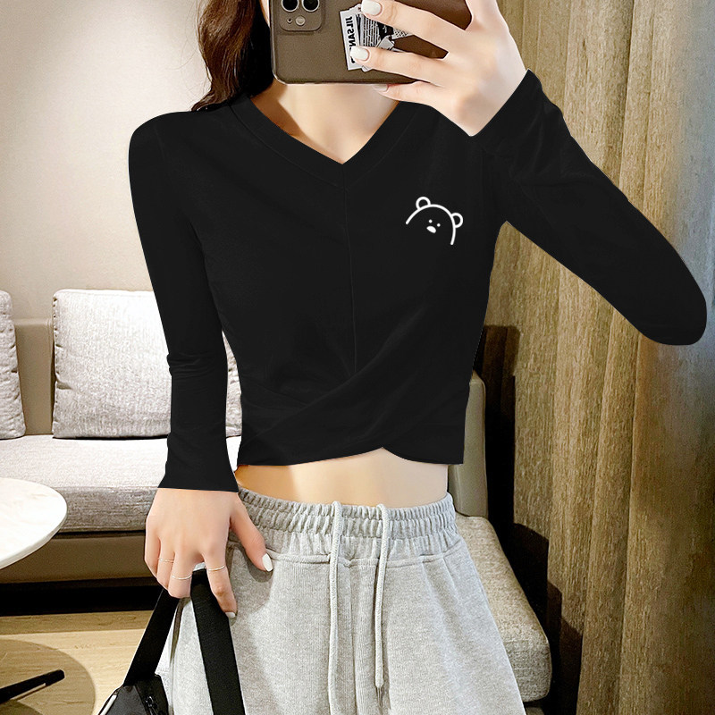 黑色短款上衣女v领长袖t恤2022秋冬季打底衫女内搭紧身高腰露脐装