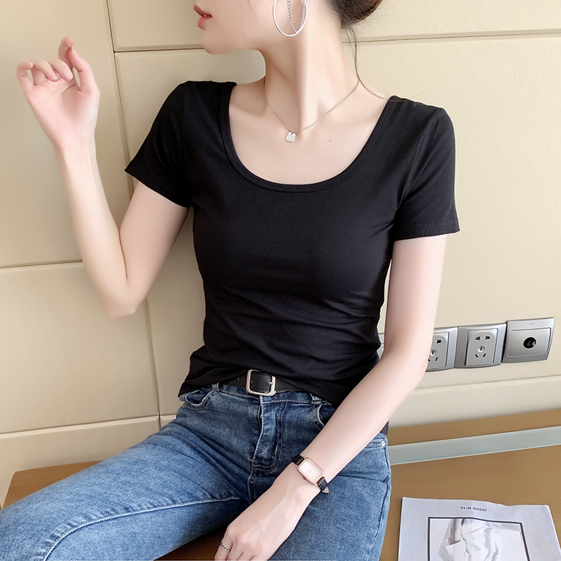 黑色u领短袖正肩t恤女2025年春夏新款低领纯棉大领口紧身打底上衣