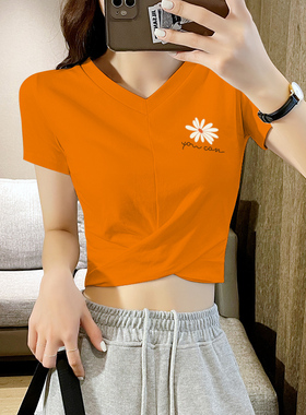 橙色短款t恤女短袖夏季2025年新款纯棉小个子V领紧身高腰露脐上衣