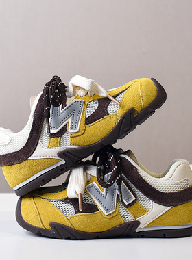 真皮黄色男童单眼运动鞋子儿童单网鞋2025夏季款透气跑鞋女宝板鞋