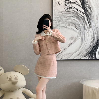 小香风粉色时尚套装女