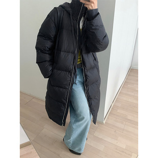 梵妮Fanny 韩系针织连帽拼接中长款保暖羽绒服女冬白鸭绒过膝外套