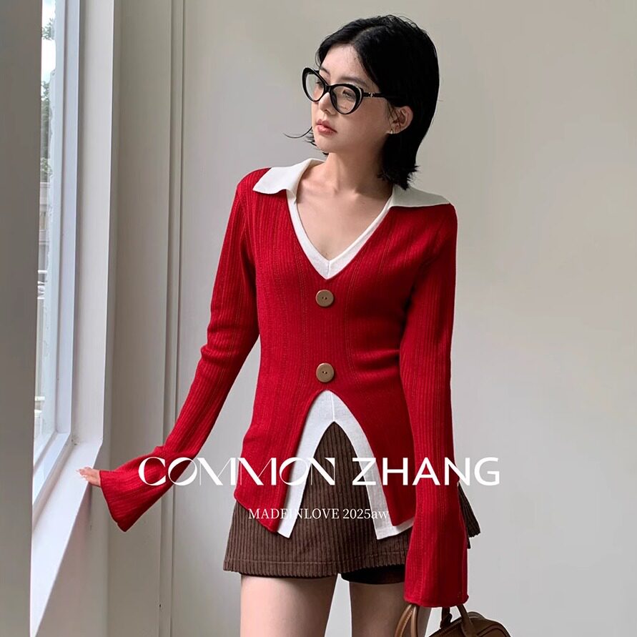 梵妮Fanny 名媛风假两件撞色V领套头针织衫女秋季新款露脐打底衫