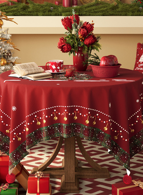 圣诞桌布圆桌防水防油免洗氛围感红色布置装饰高级感圆形茶几盖布