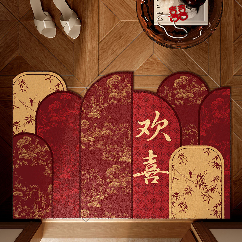 结婚入户门地垫红色喜庆婚房布置脚垫进门蹭土丝圈门垫防滑可裁剪