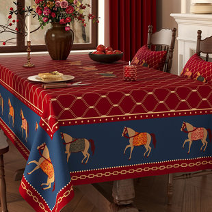 复古桌布马年氛围感新年装饰餐桌布防水防烫免洗长方形茶几遮盖布