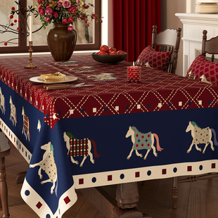 复古桌布新年马年氛围感装饰餐桌布防水防烫免洗长方形茶几遮盖布