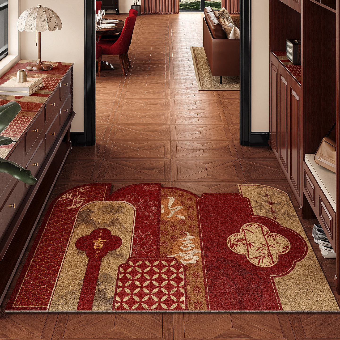新中式入户门地垫进门门口玄关家用脚垫红色喜庆pvc可擦免洗地毯,居家布艺,入户地垫,淘宝优惠券,粉丝福利购,淘宝优惠卷