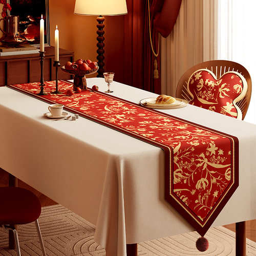 美式新年桌旗轻奢高端氛围感布置红色茶桌餐桌旗布电视柜斗柜盖布