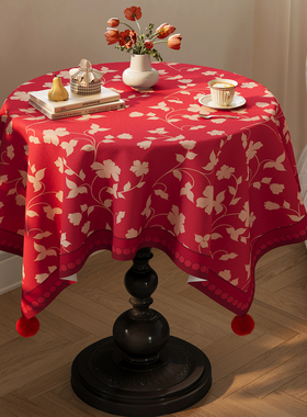 小圆桌红色桌布高级感茶几餐桌盖布新年春节圆形喜庆桌面遮丑布