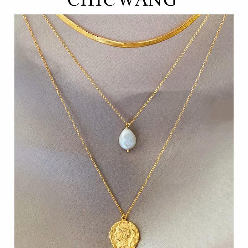 杨采钰同款欧美纯银饰镀k金色蛇骨链天然珍珠头像复古币锁骨项链