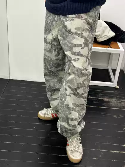 Stu 24 Camouflage Plaid Washed Distressed Embroidered Straight-Leg Heavy Beaded Trendy Casual Pants Unisex