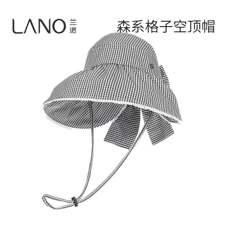 兰诺纯棉格纹蝴蝶结空顶帽女2026夏季新款海边度假大帽檐遮阳帽子