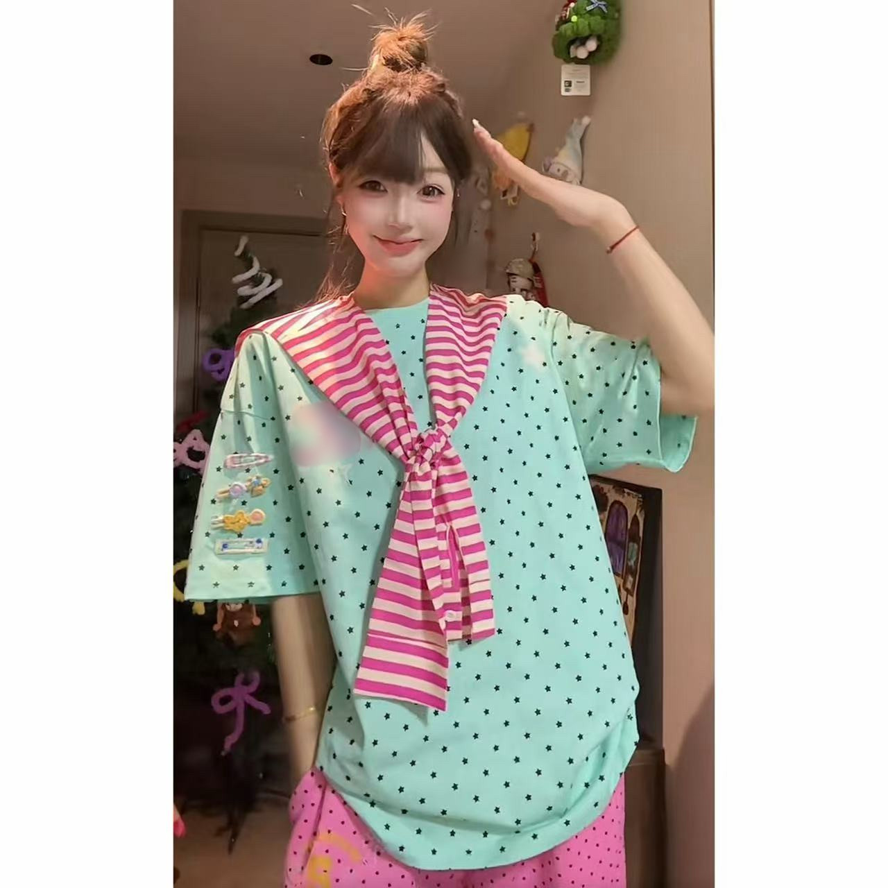 韩系薄荷曼波绿色短袖t恤女夏季2026新款条纹披肩宽松多巴胺上衣