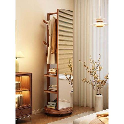 实木可移动旋转穿衣镜一体衣帽架家用落地全身镜挂衣架落地置物架